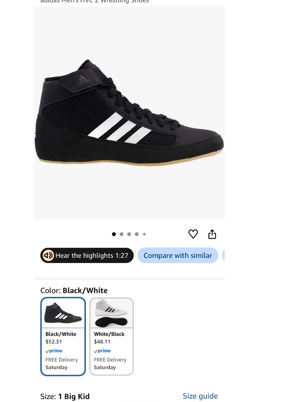 adidas Originals Kids High-Top HVC Wrestling Shoes — Black/White